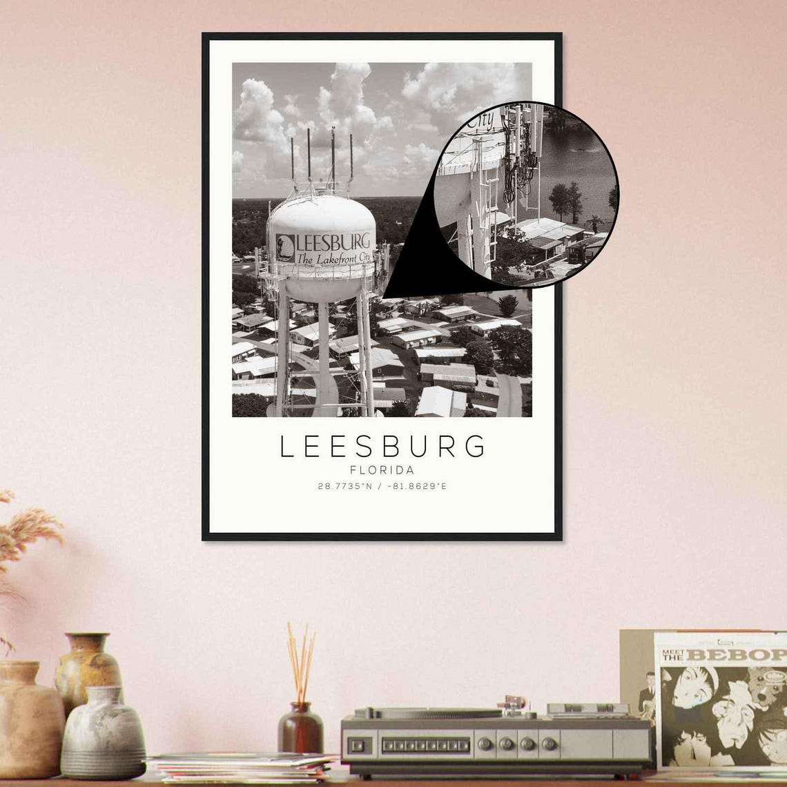 Leesburg Florida Lakefront City Water Tower Black And White Poster - Image 4