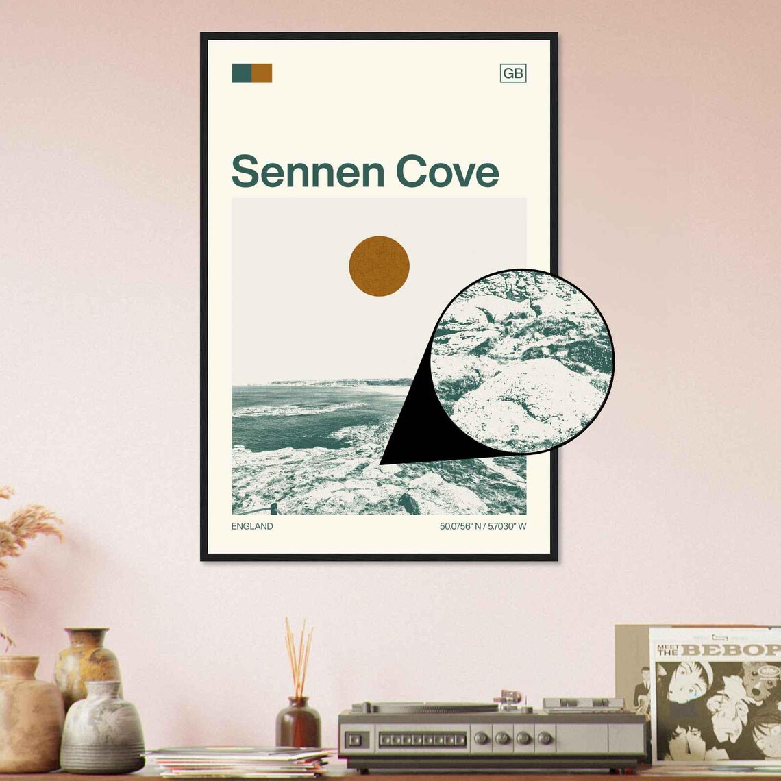 Sennen Cove England Rocky Coastline Bay Sun Duotone Travel Poster - Image 4