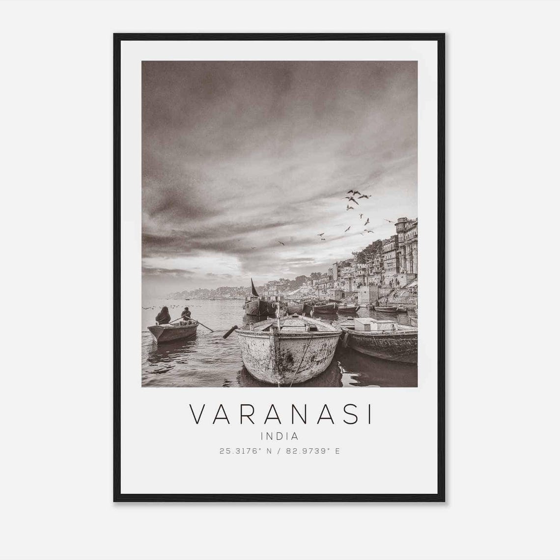 Varanasi India Ganges River Ghats Boats Black and White Poster