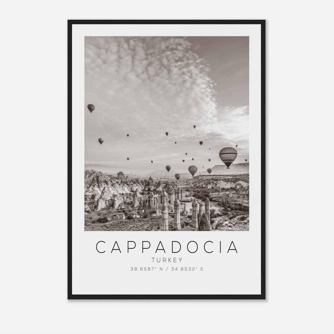 Cappadocia Turkey Hot Air Balloons Fairy Chimneys Black White Poster