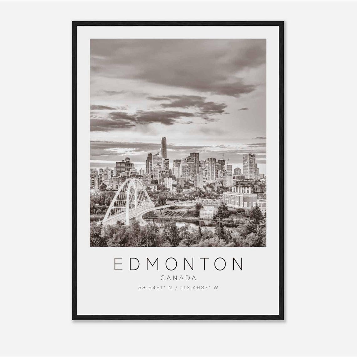 Edmonton Canada Black White Minimalist Skyline Bridge Poster