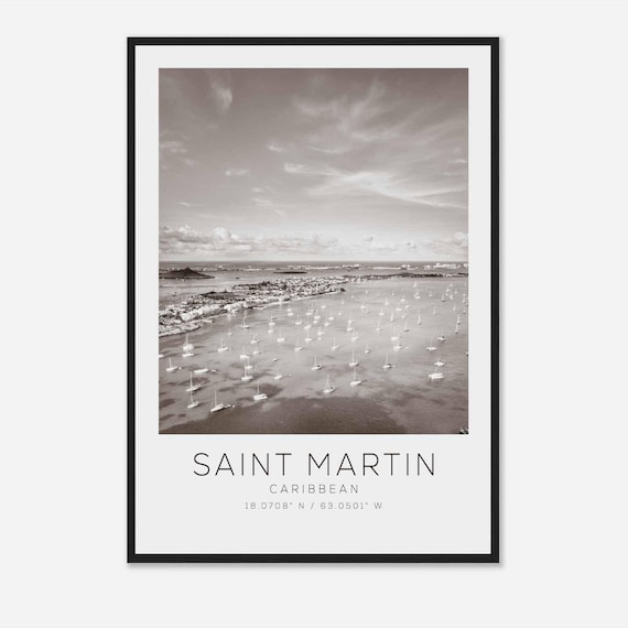Saint Martin Caribbean Sailboats Bay Aerial Black and White Poster