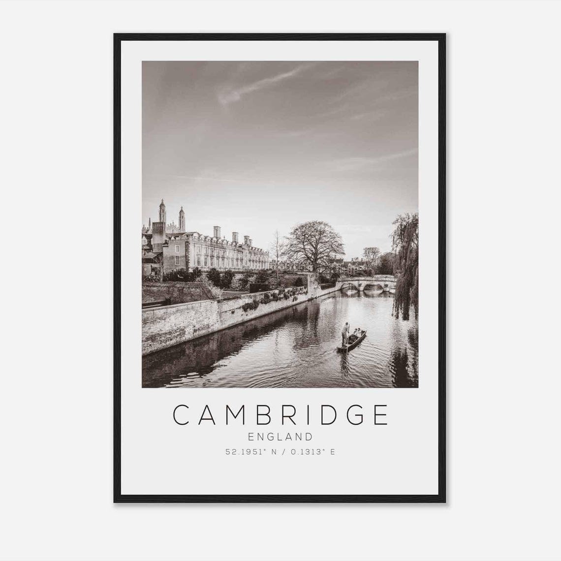 Cambridge England River Cam Punting Kings College Black White Poster