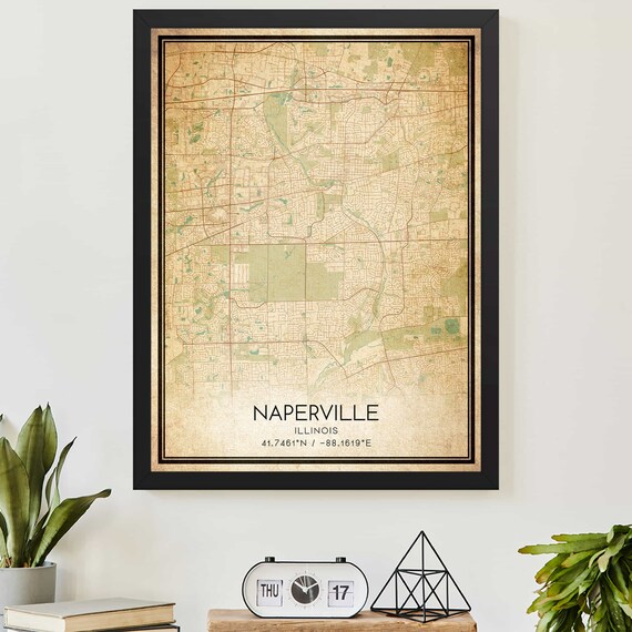 Vintage Naperville Illinois City Street Map Coordinates Poster