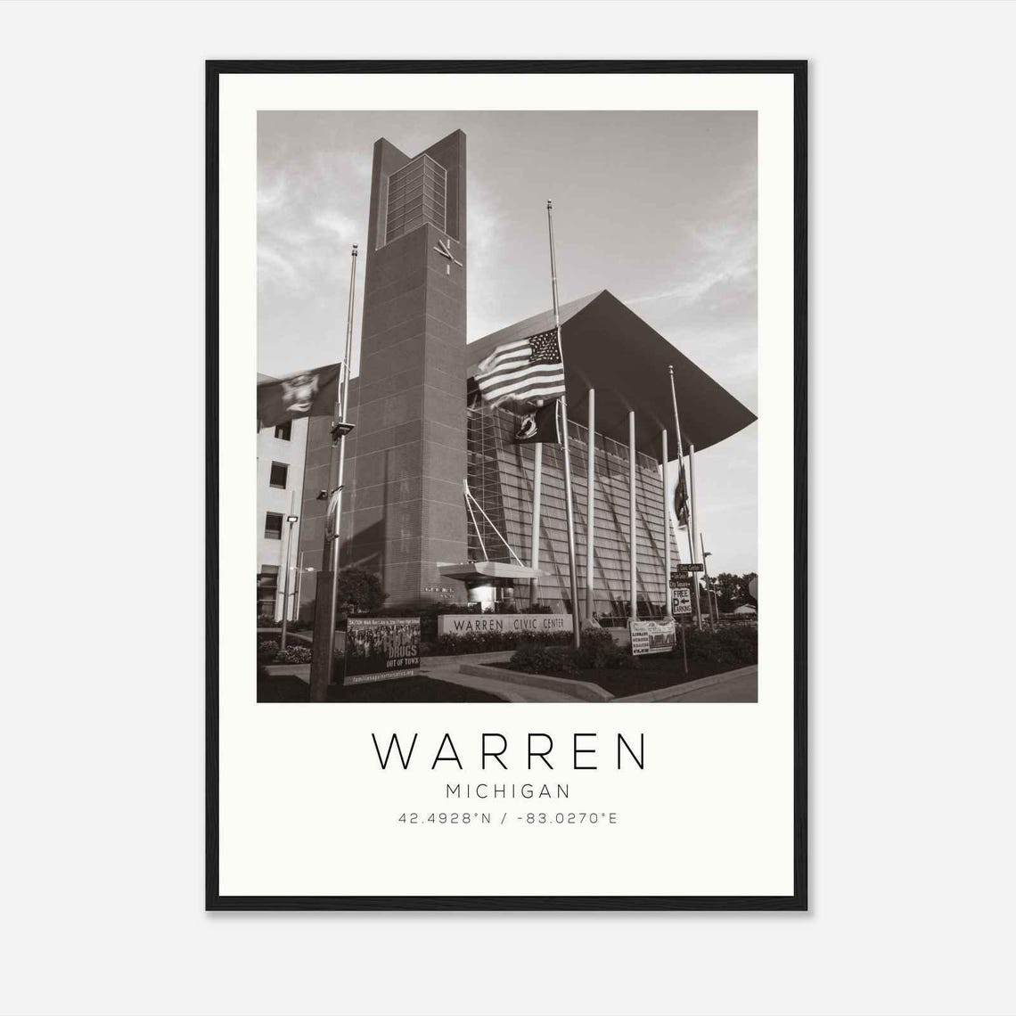 Warren Michigan Civic Center Clock Tower Landmark Travel Poster