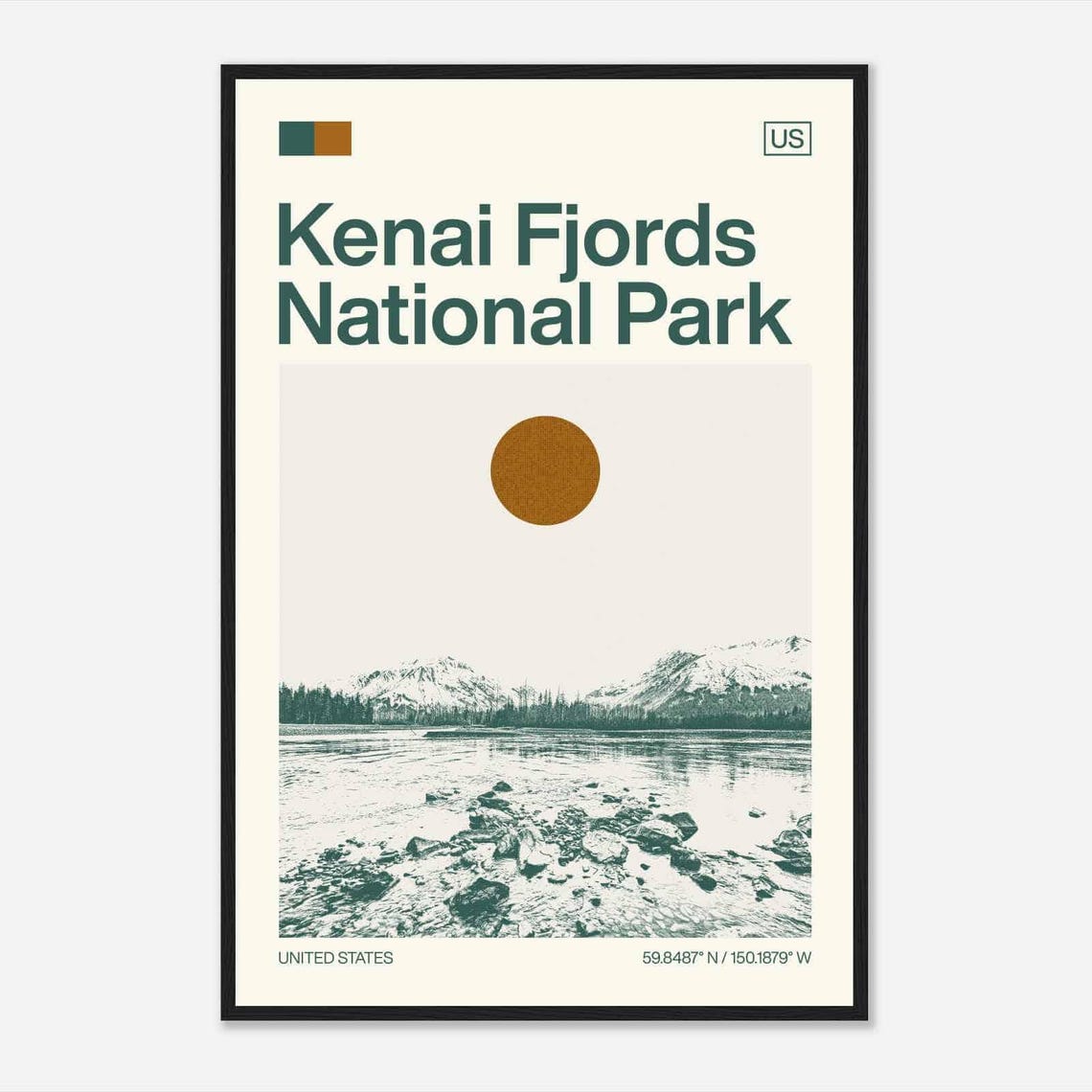 Kenai Fjords Alaska Snow Mountain Shore Minimalist Travel Poster