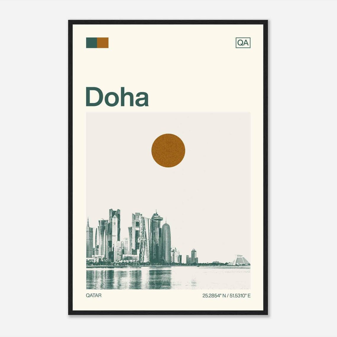 Doha Qatar Bay Skyline Sun Minimalist Modern Travel Art Poster