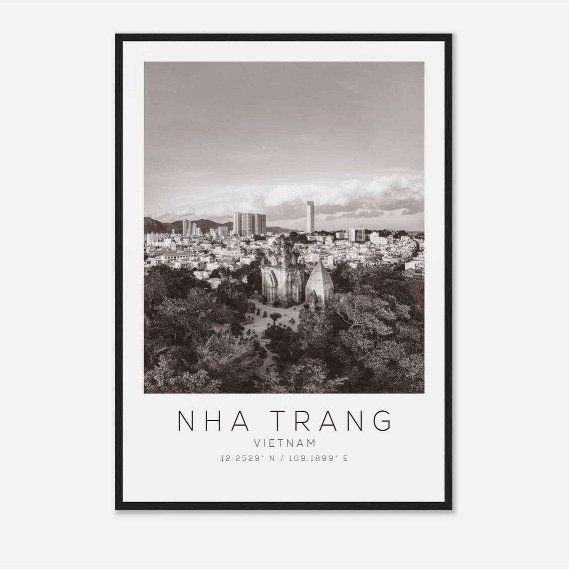 Nha Trang Vietnam Ancient Towers Aerial Black White Photo Poster