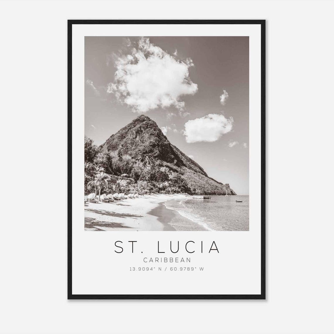 St Lucia Caribbean Piton Peak Beach Palms Black and White Photo Poster