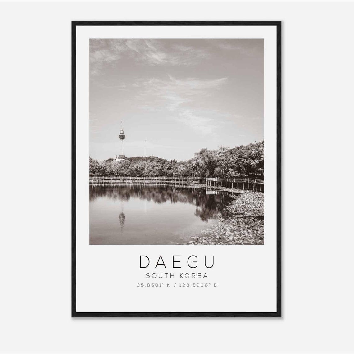 Daegu South Korea Minimalist Black and White Lake Reflection Poster