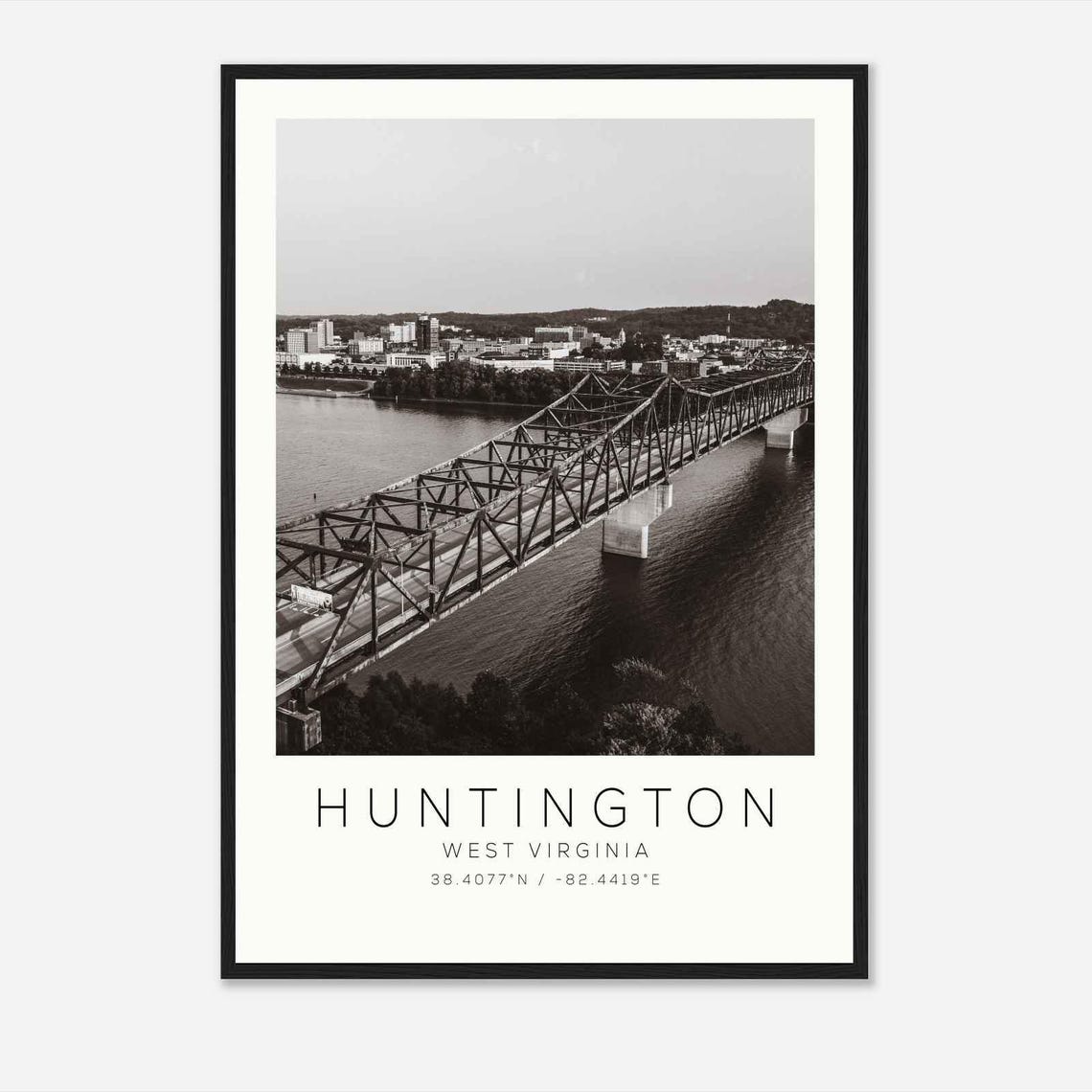 Huntington West Virginia Ohio River Steel Bridge Skyline Travel Poster