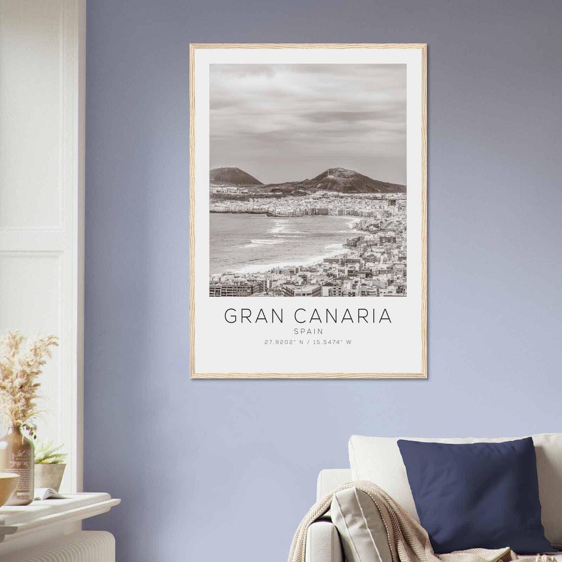 Gran Canaria Spain Black and White Coast City Volcano View Poster - Image 2