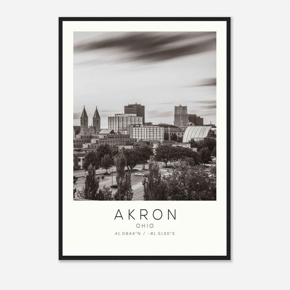 Akron Ohio Downtown Skyline Twin Church Spires Monochrome Photo Poster