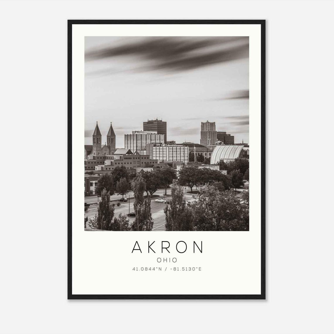 Akron Ohio Downtown Skyline Twin Church Spires Monochrome Photo Poster
