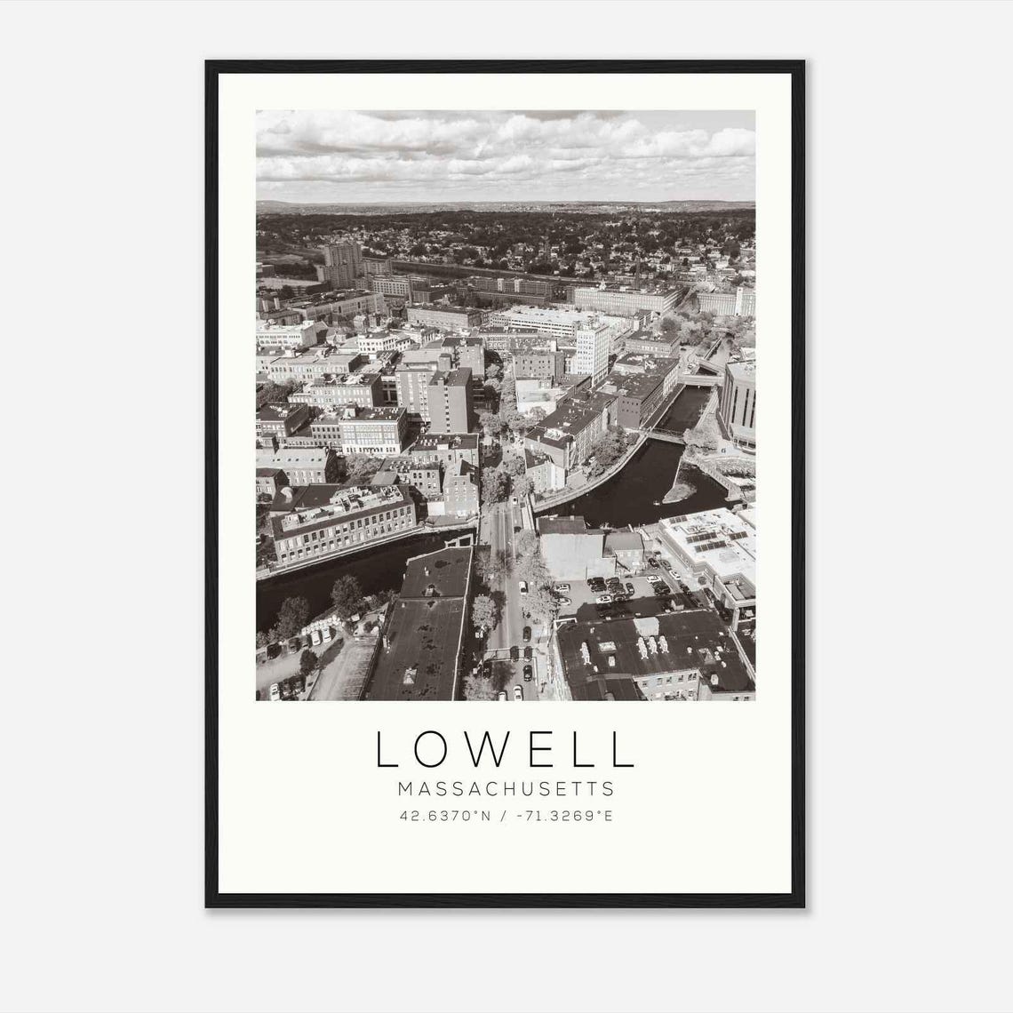 Lowell Massachusetts Mill Town Aerial River Black And White Poster