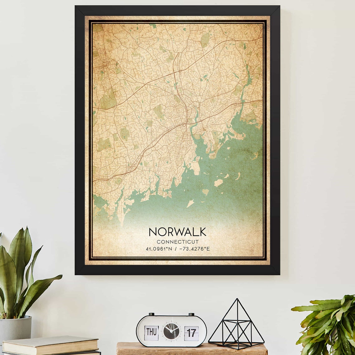 Vintage Norwalk Connecticut Coastal City Map Poster With Coordinates