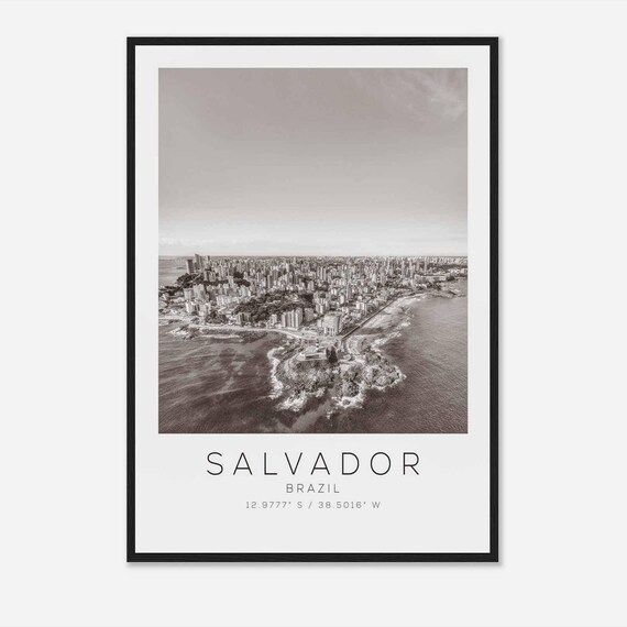 Salvador Brazil Coastal City Aerial Black and White Travel Poster