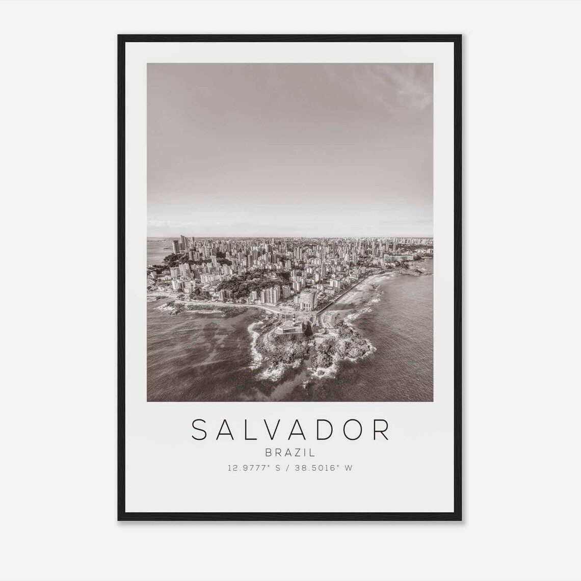 Salvador Brazil Coastal City Aerial Black and White Travel Poster