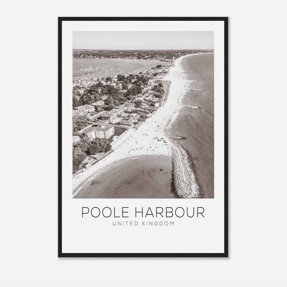 Poole Harbour UK Sandbanks Beach Aerial Black and White Poster