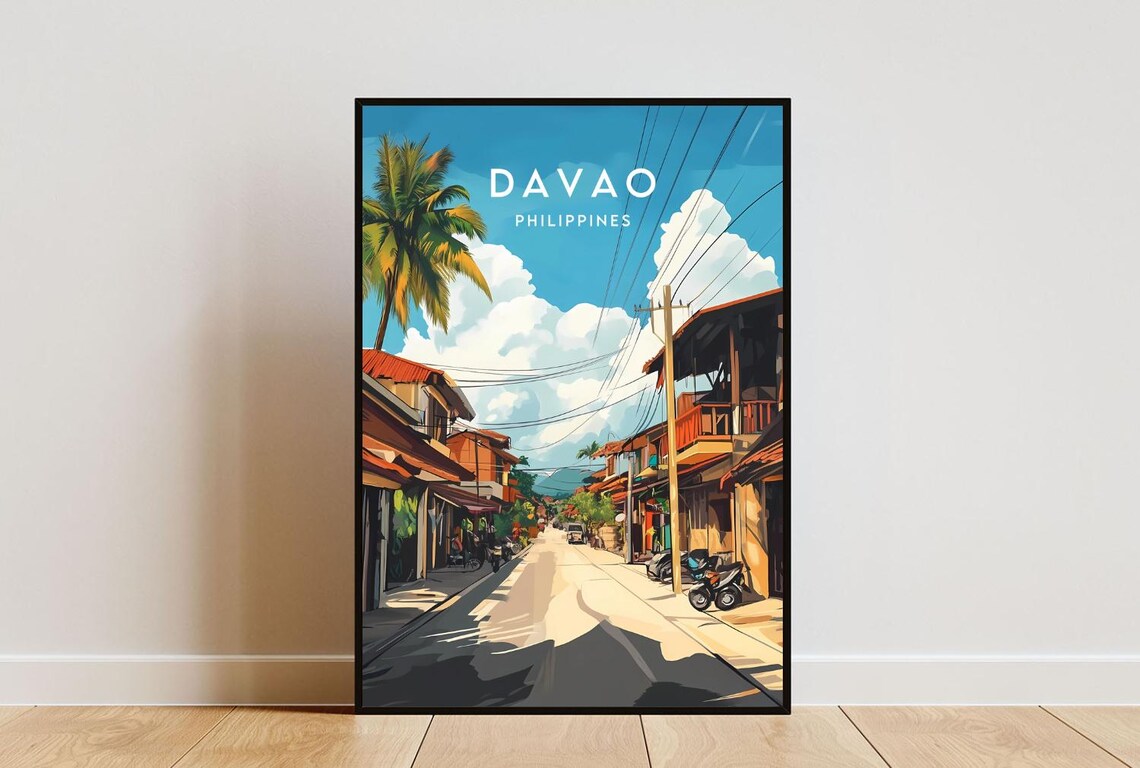Davao Philippines Sunny Palm Street Tropical Travel Art Poster