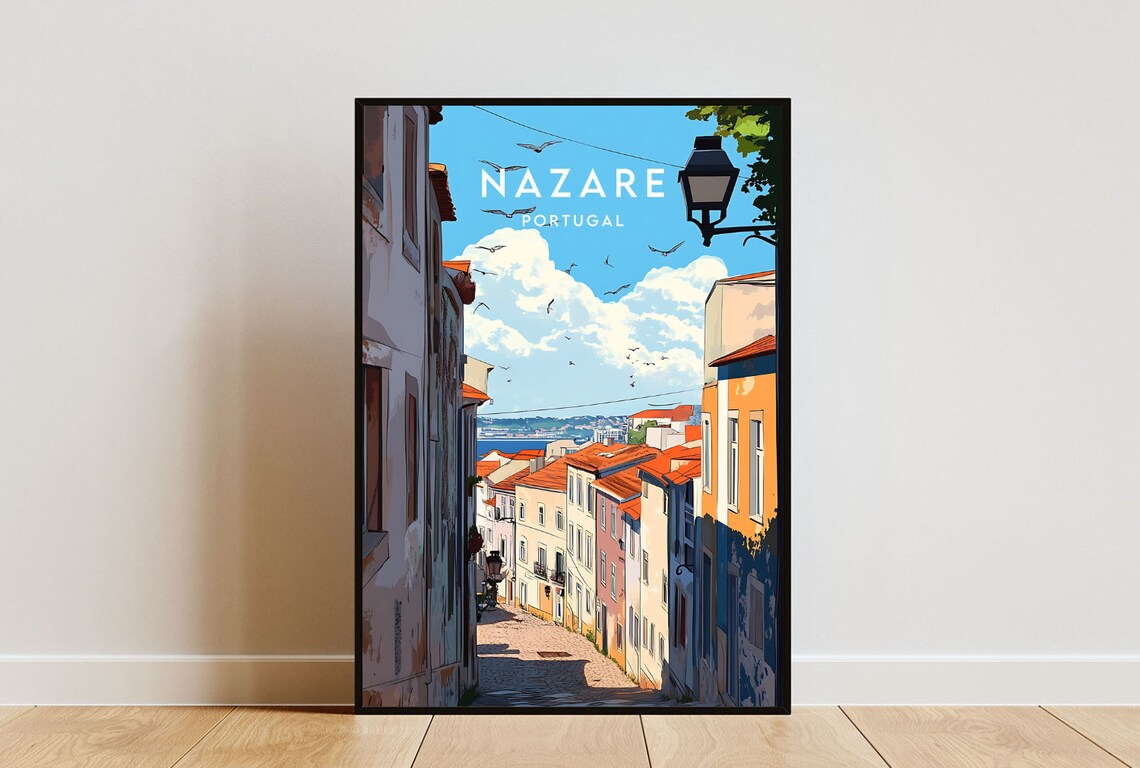 Nazare Portugal Cobbled Street and Seaside View Travel Poster