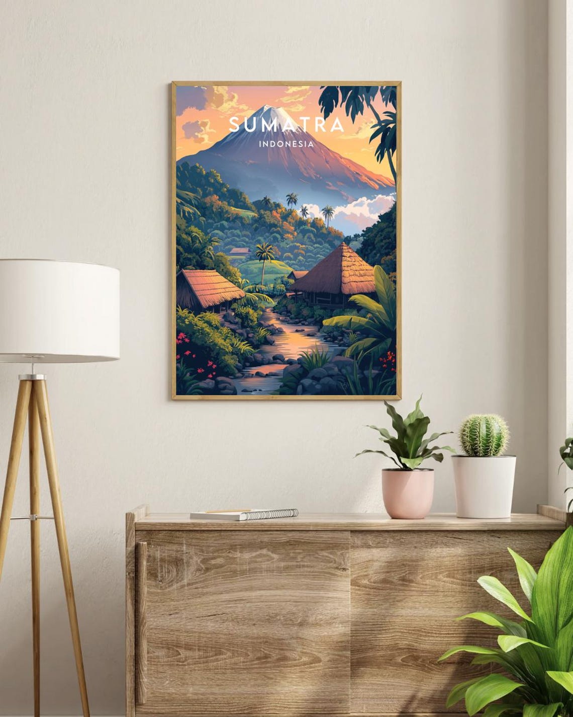 Sumatra Indonesia Volcano Sunset Jungle Village Travel Poster - Image 3