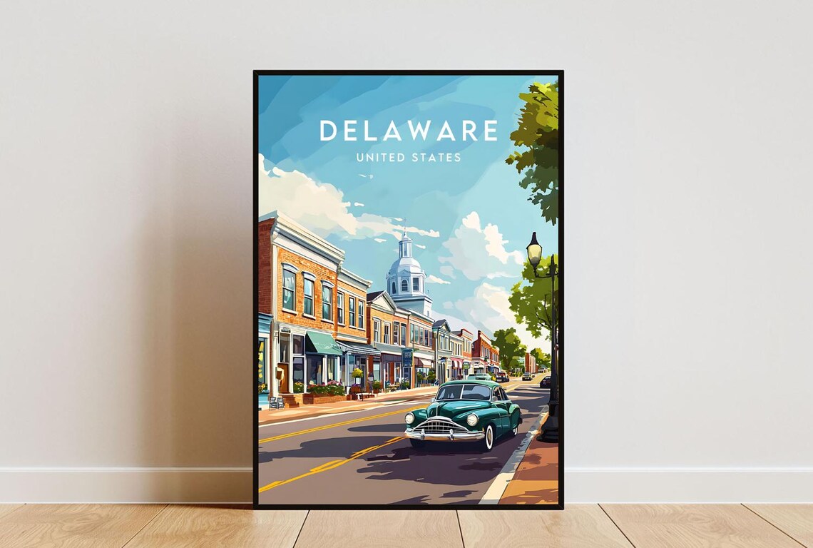 Delaware United States Main Street Vintage Car Retro Travel Poster