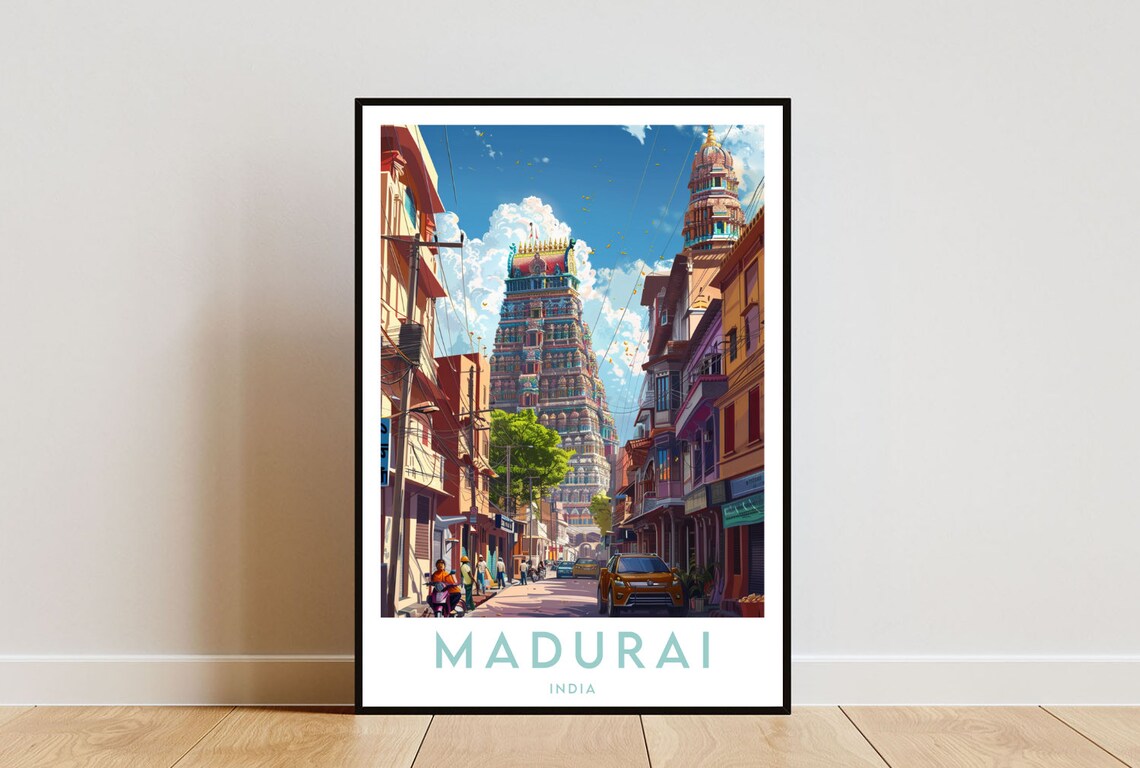 Madurai India Meenakshi Temple Tower Old City Street Travel Poster
