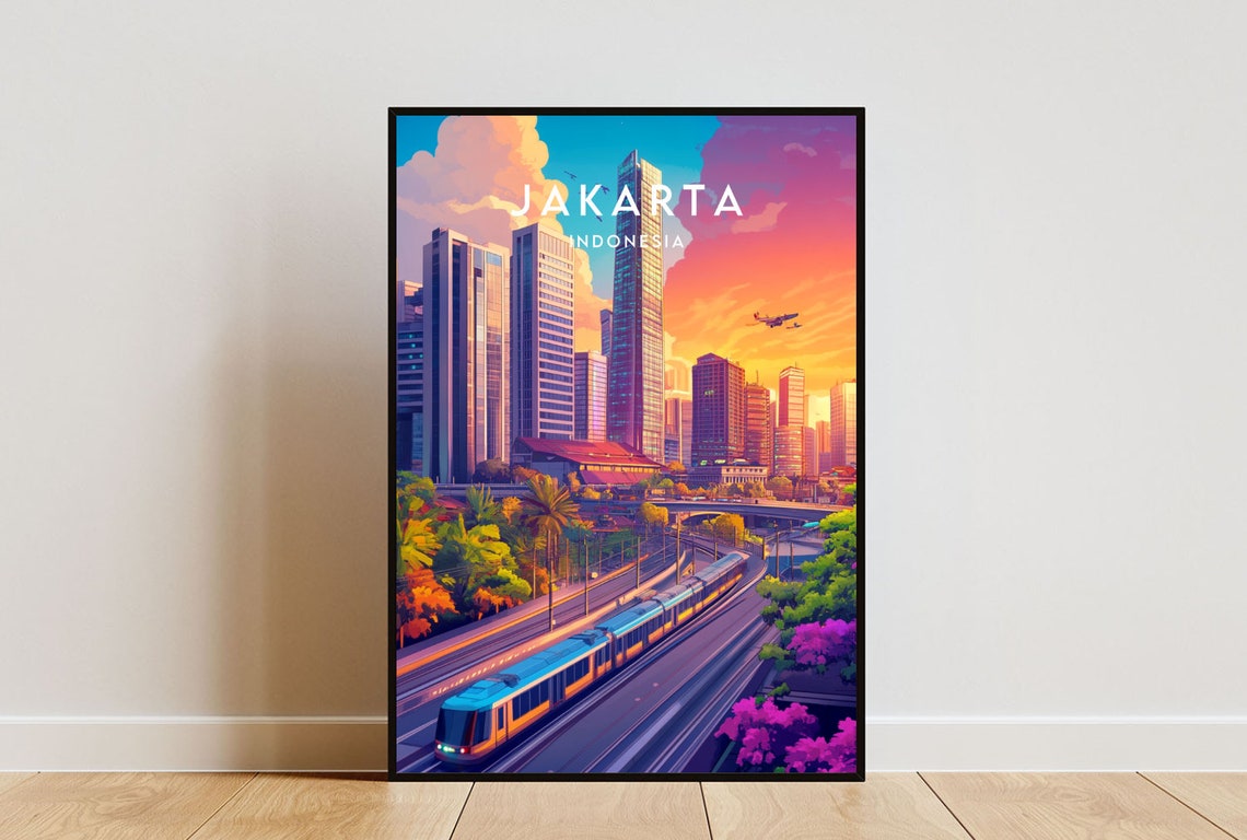 Jakarta Indonesia Sunset Skyline Elevated Train Vintage Travel Poster