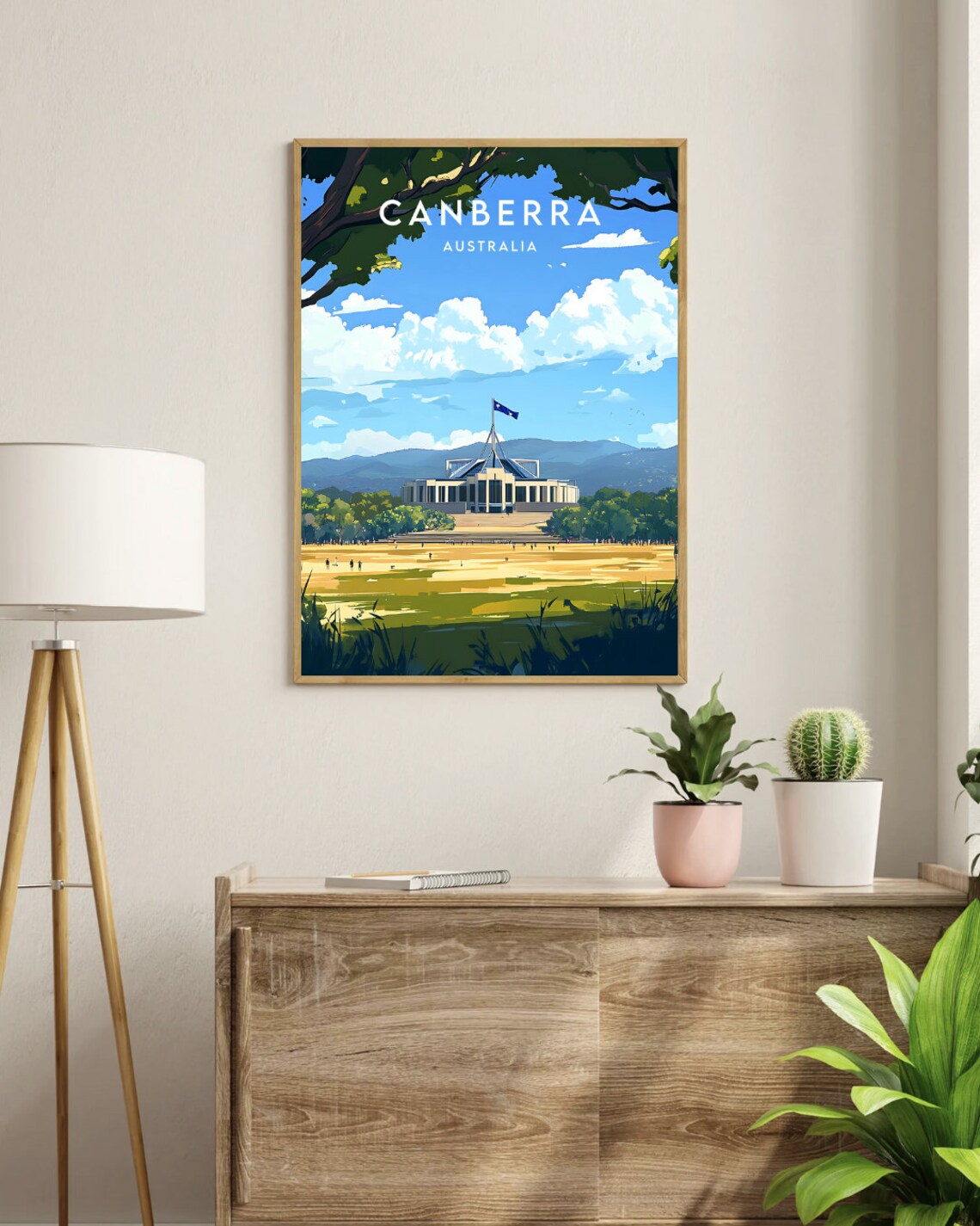 Canberra Australia Lakeside Capital Skyline Vintage Travel Poster - Image 3