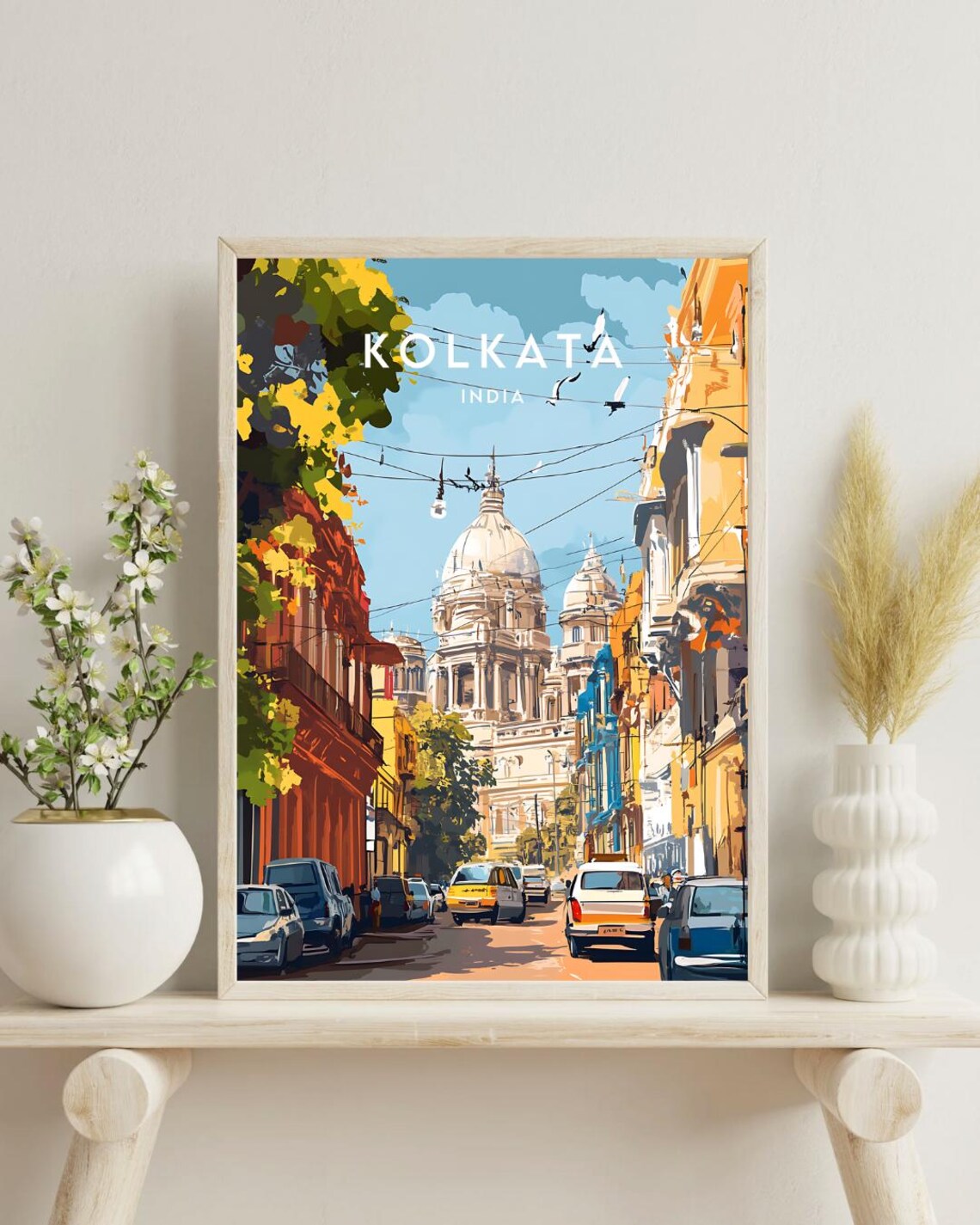 Kolkata India Busy Street Yellow Taxis Domed Building Travel Poster - Image 4