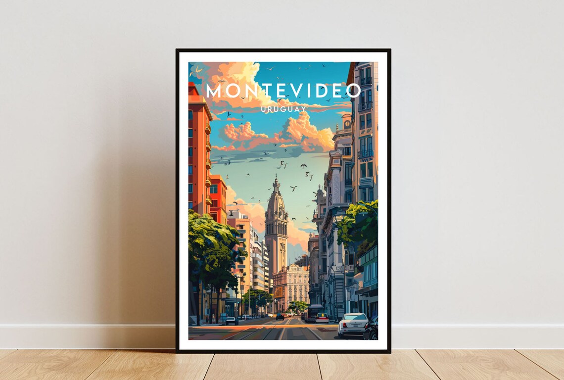 Montevideo Uruguay Vintage Street Scene City Center Travel Art Poster