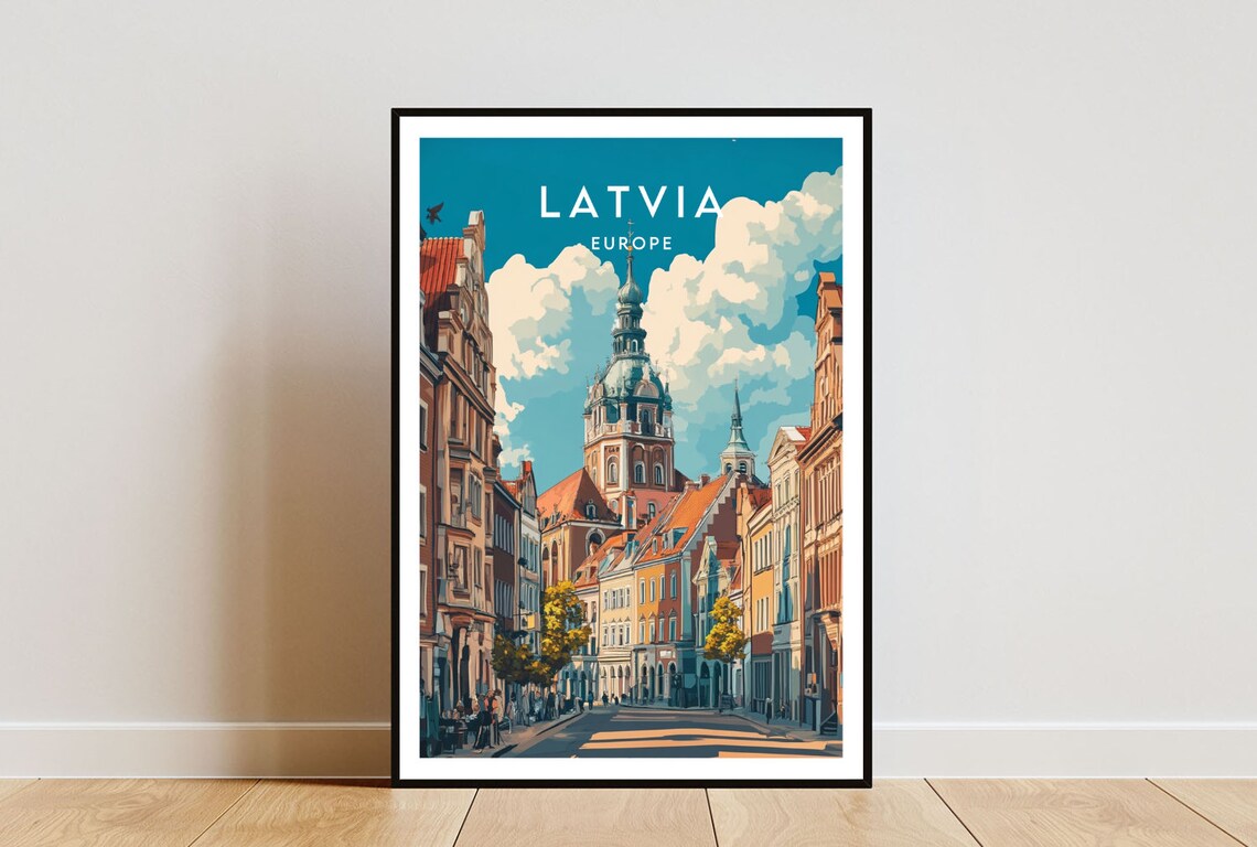 Latvia Old Town Street Cathedral Towers Historic Europe Travel Poster
