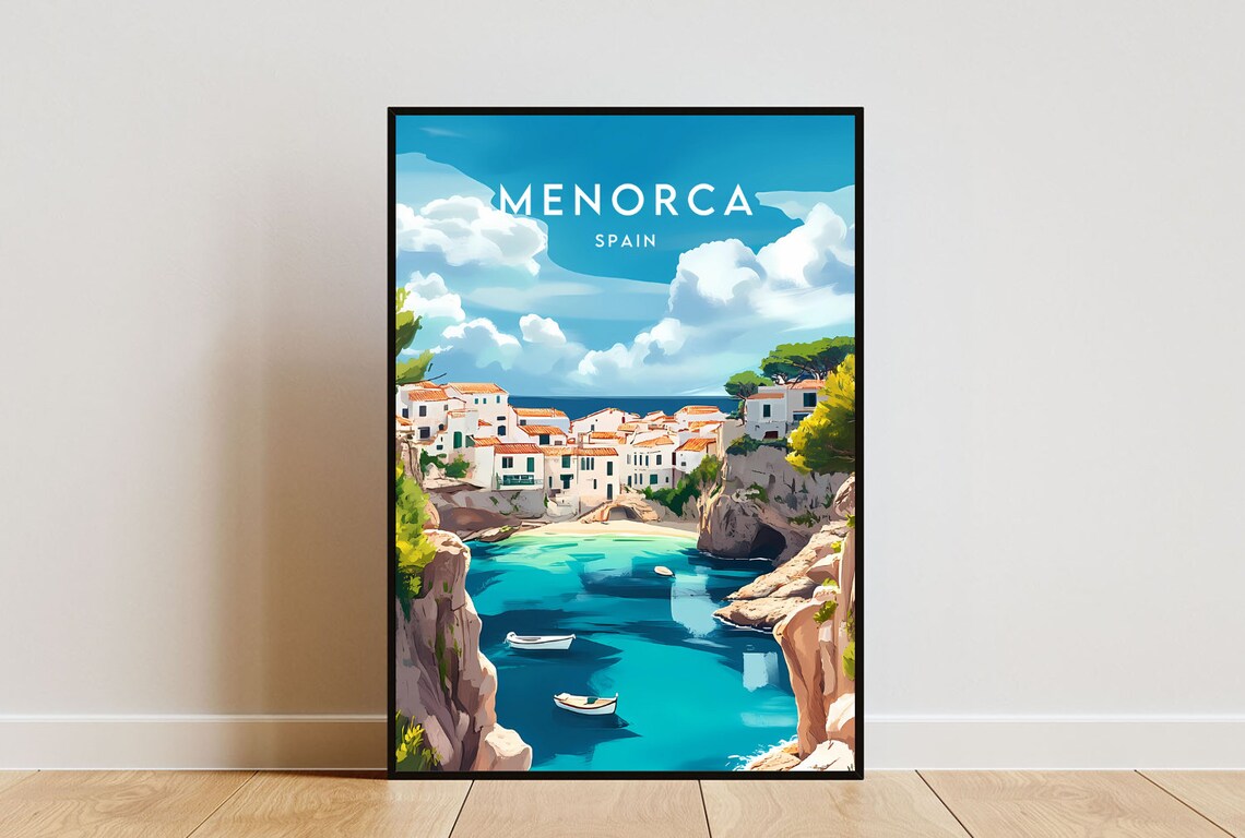 Menorca Spain Turquoise Cove White Village Travel Art Poster