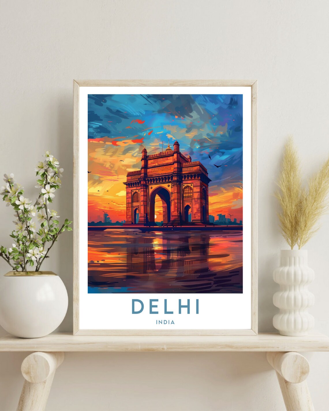 Delhi India Sunset Arch Monument Water Reflection Travel Poster - Image 4