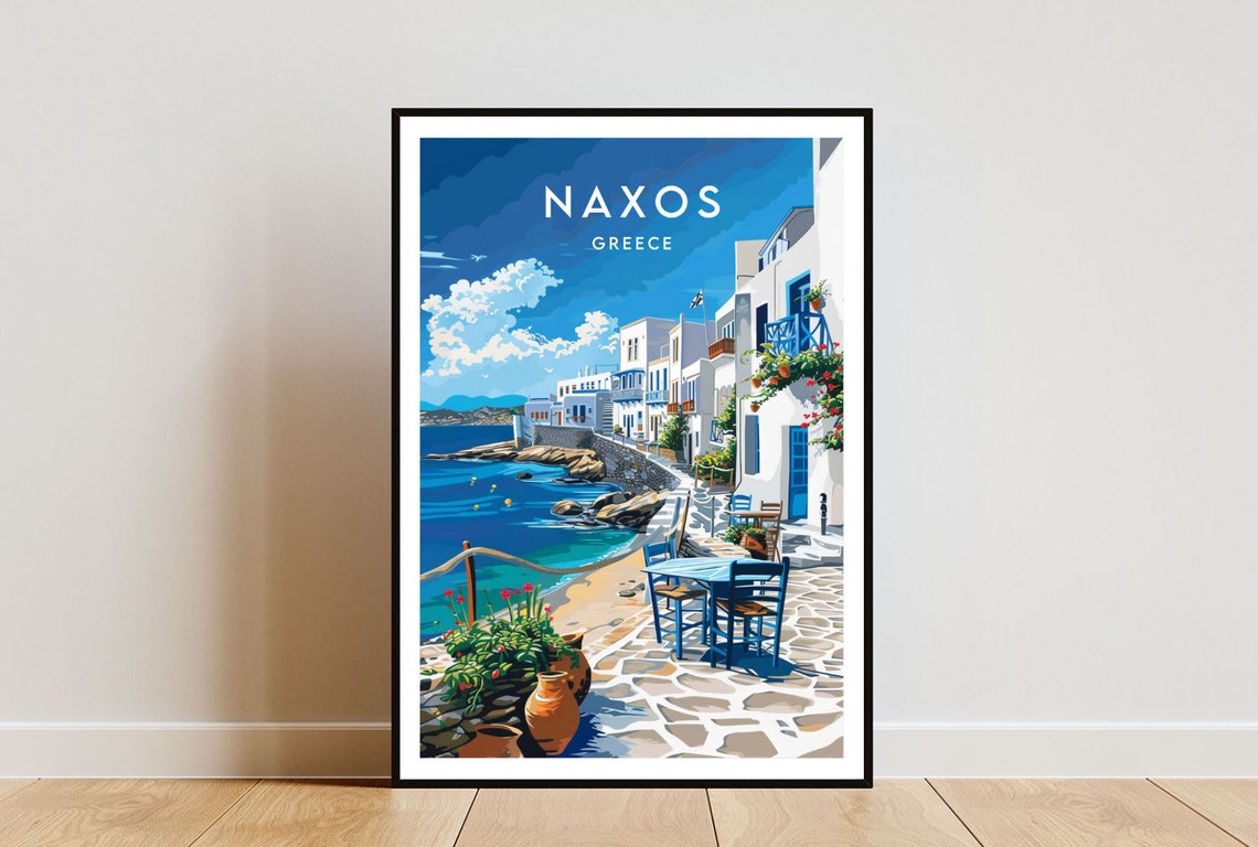 Naxos Greece Waterfront Taverna Whitewashed Street Travel Poster