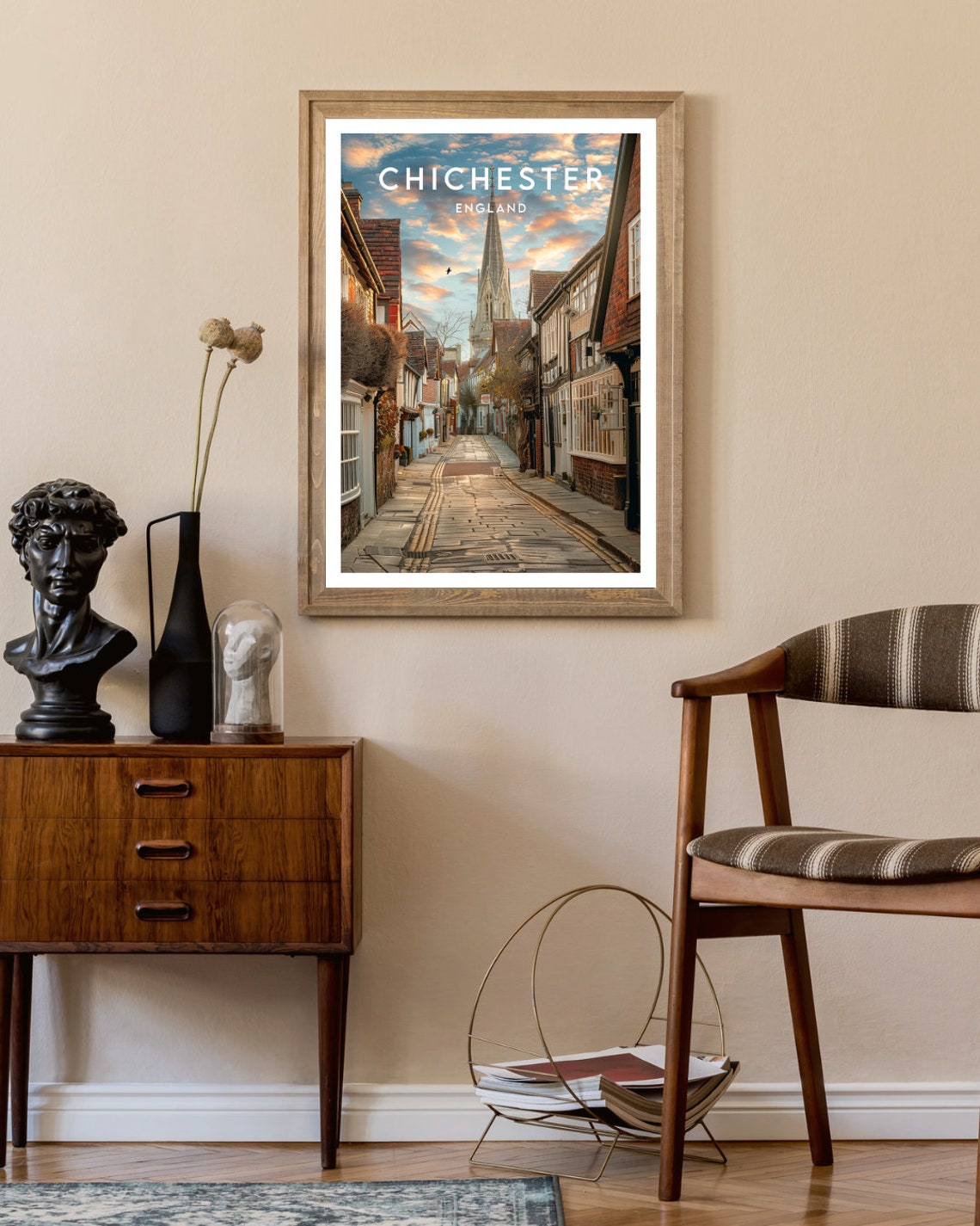 Chichester England Cobbled Street Sunset Cathedral Spire Poster - Image 2