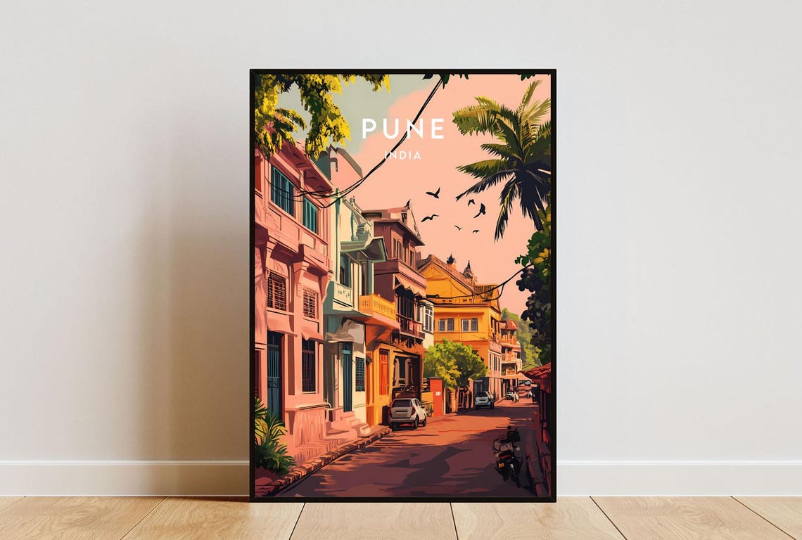 Pune India Sunset Street Colonial Buildings Vintage Travel Poster