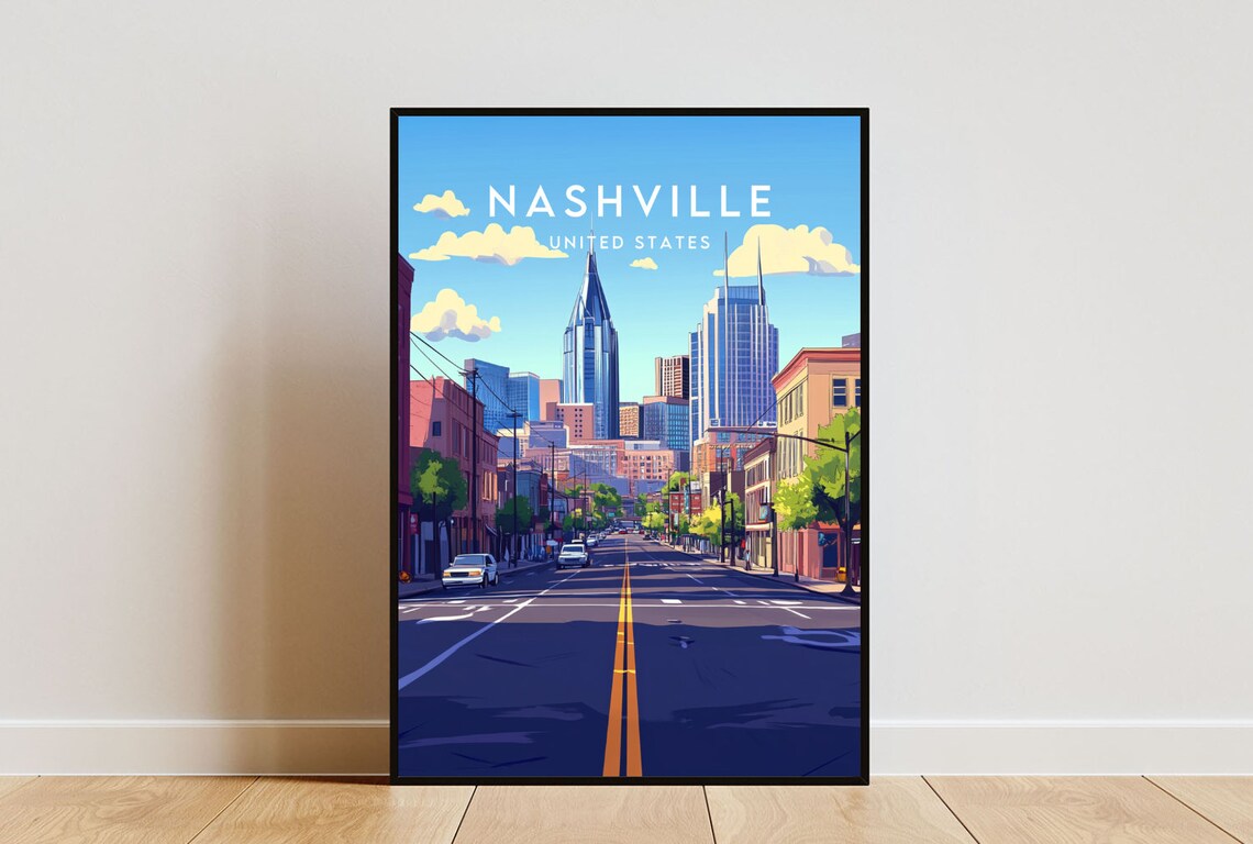 Nashville Tennessee Downtown Skyline Blue Sky Street Travel Poster