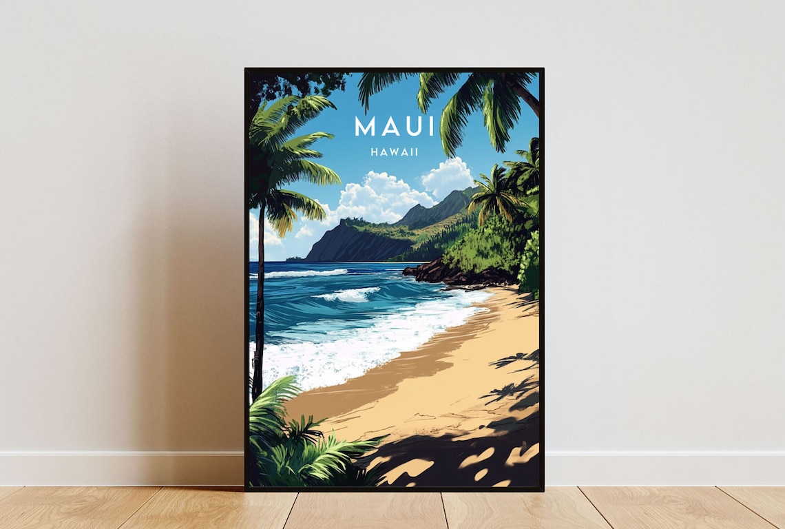 Maui Hawaii Tropical Beach Palm Trees Ocean Cliff Travel Poster
