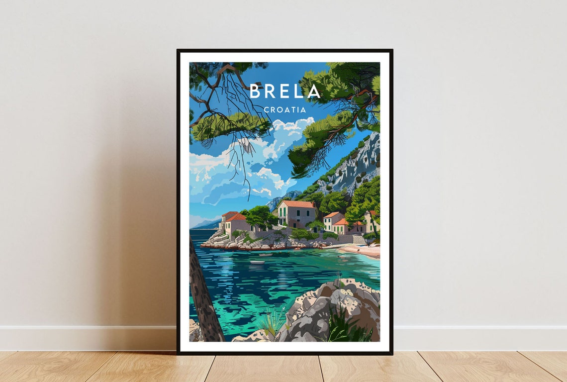 Brela Croatia Rocky Cove Turquoise Water Pine Trees Travel Poster