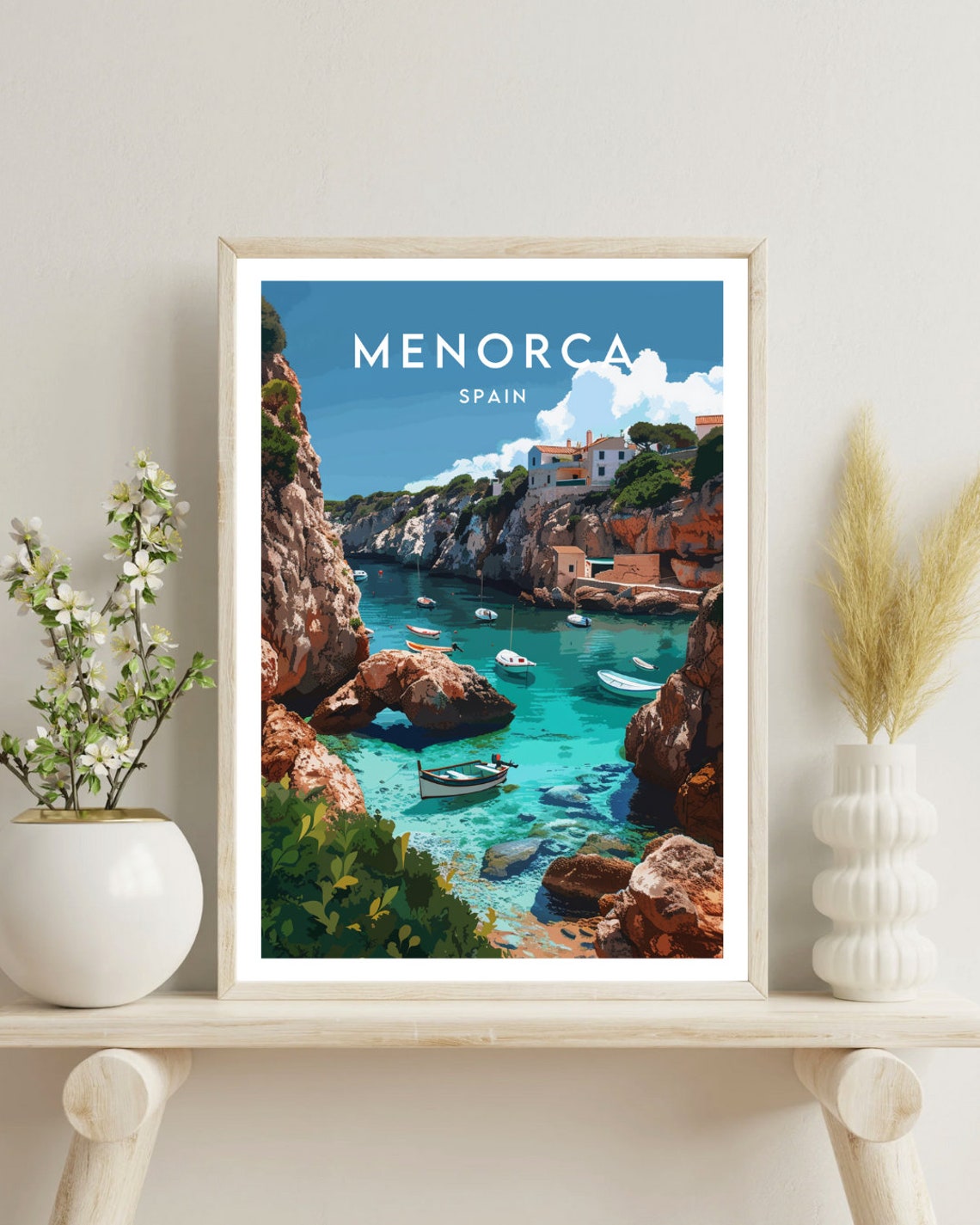 Menorca Spain Turquoise Cove Boats Rocky Bay Island View Poster - Image 4