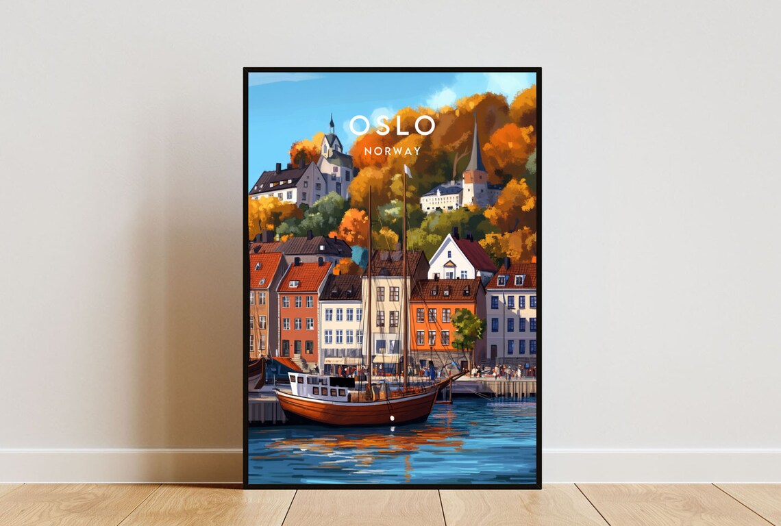 Oslo Norway Golden Autumn Harbor Old Town Boat Travel Poster