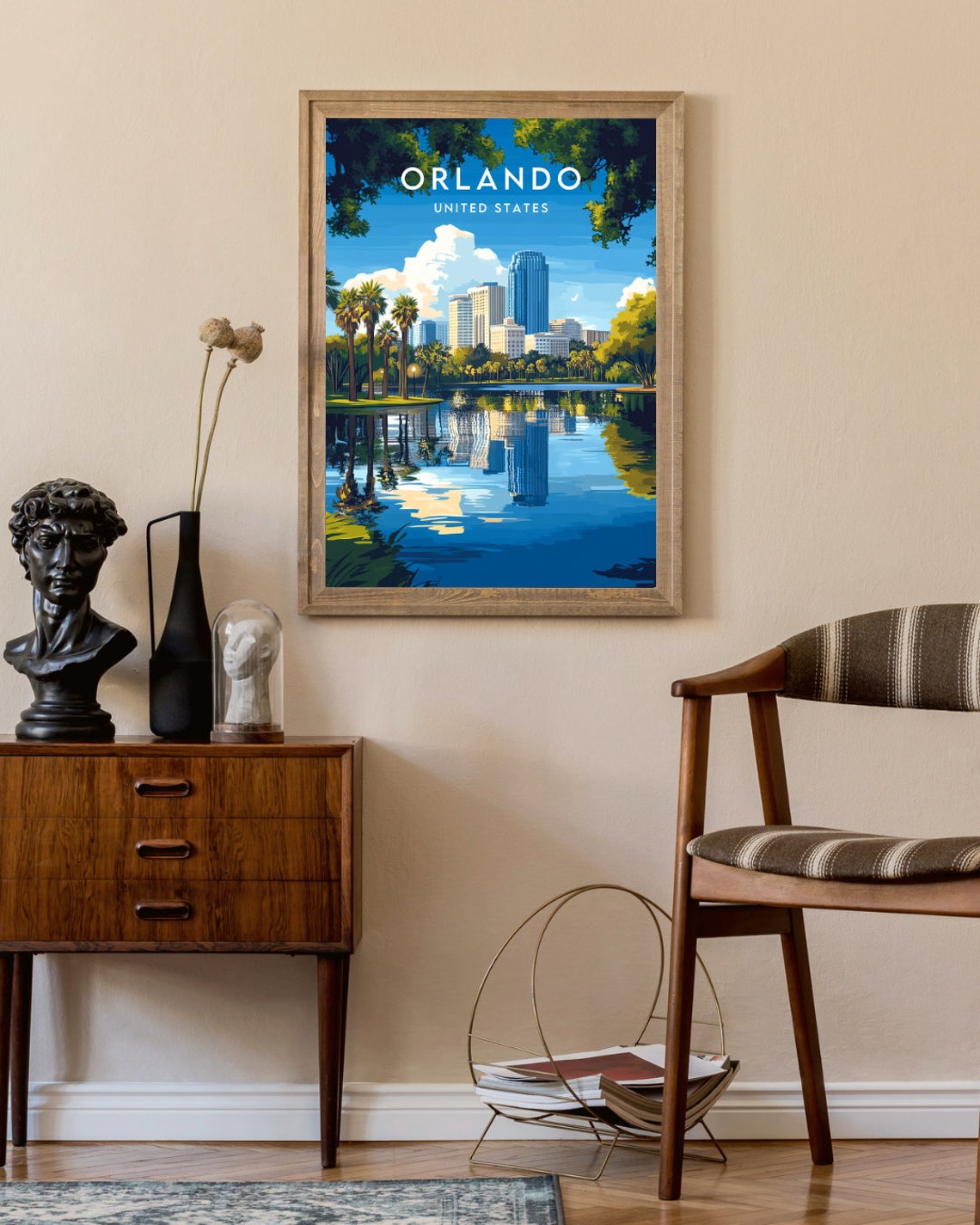 Orlando Florida Skyline Lake Reflection Palm Trees Travel Poster - Image 2