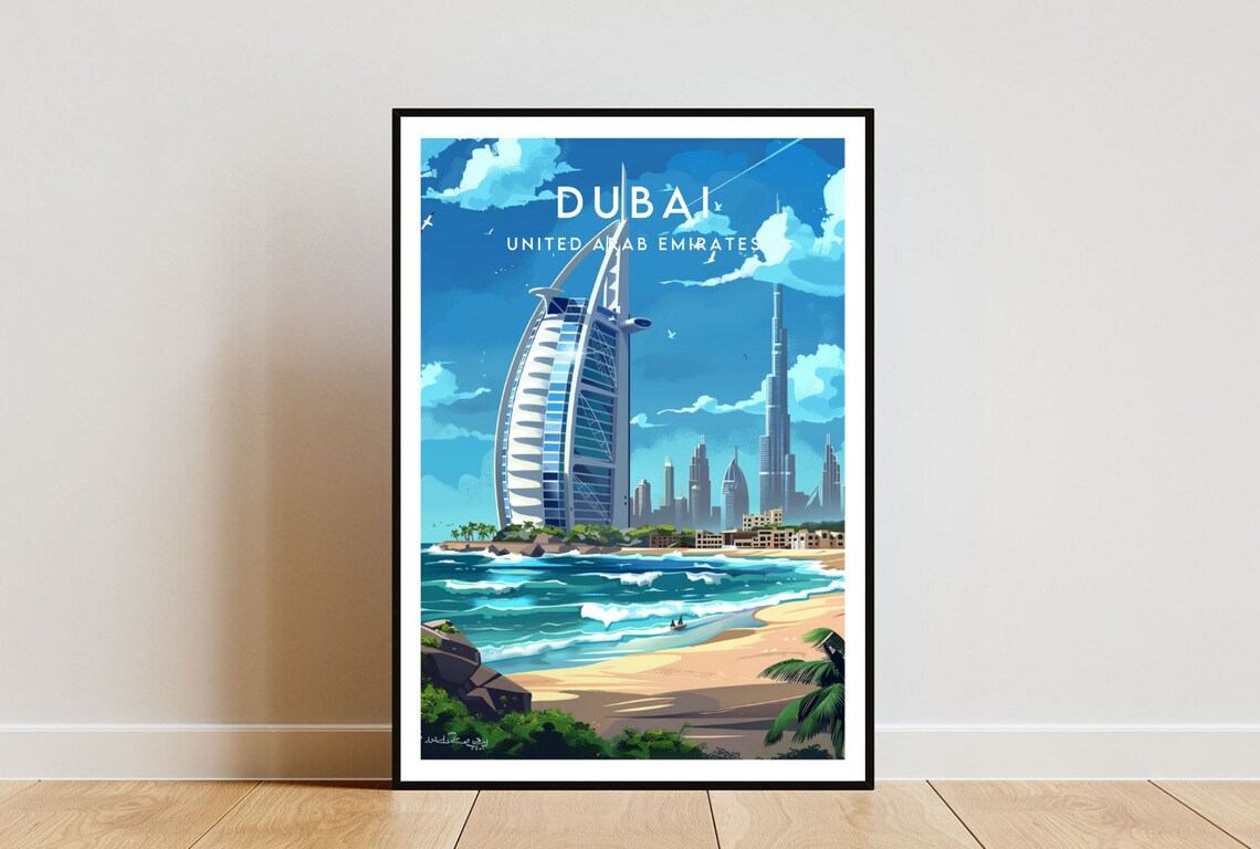 Dubai Burj Al Arab Beach Skyline UAE Coast Lights Travel Poster