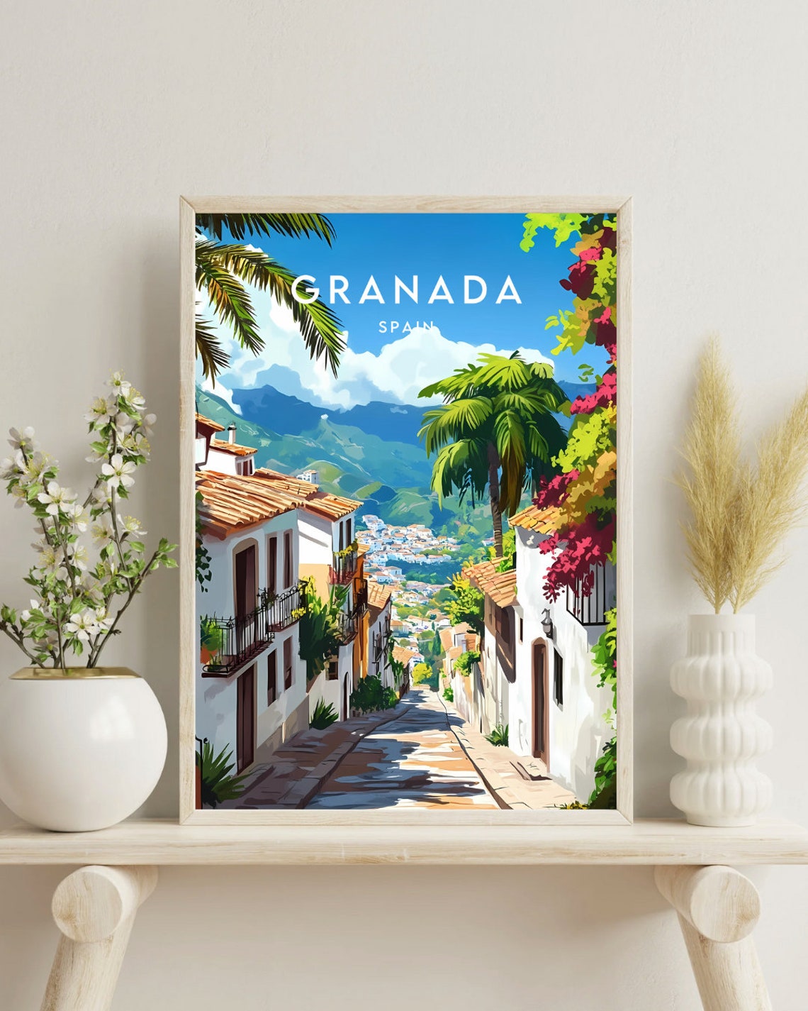 Granada Spain White Street Palms Mountain View Travel Poster - Image 4