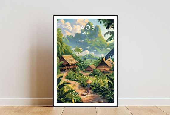 Laos Asia Jungle Village Stilt Houses Green Mountains Vintage Travel Poster