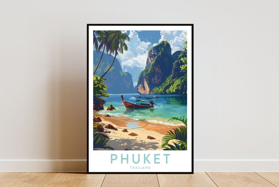 Phuket Thailand Longtail Boat Limestone Cliffs Beach Travel Poster