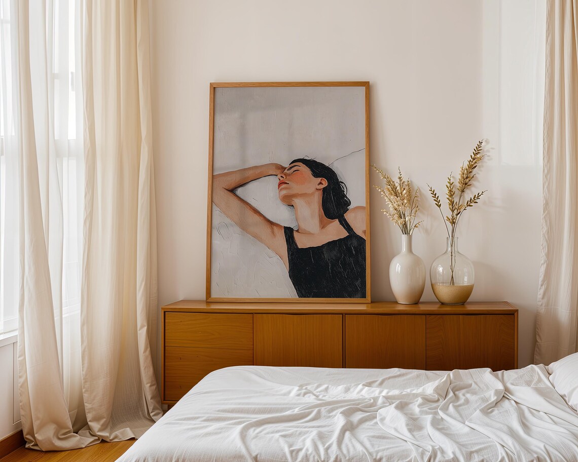 Sleeping Woman In Black Dress Arm Raised Soft Neutral Minimalist Oil Style Art Poster - Image 2