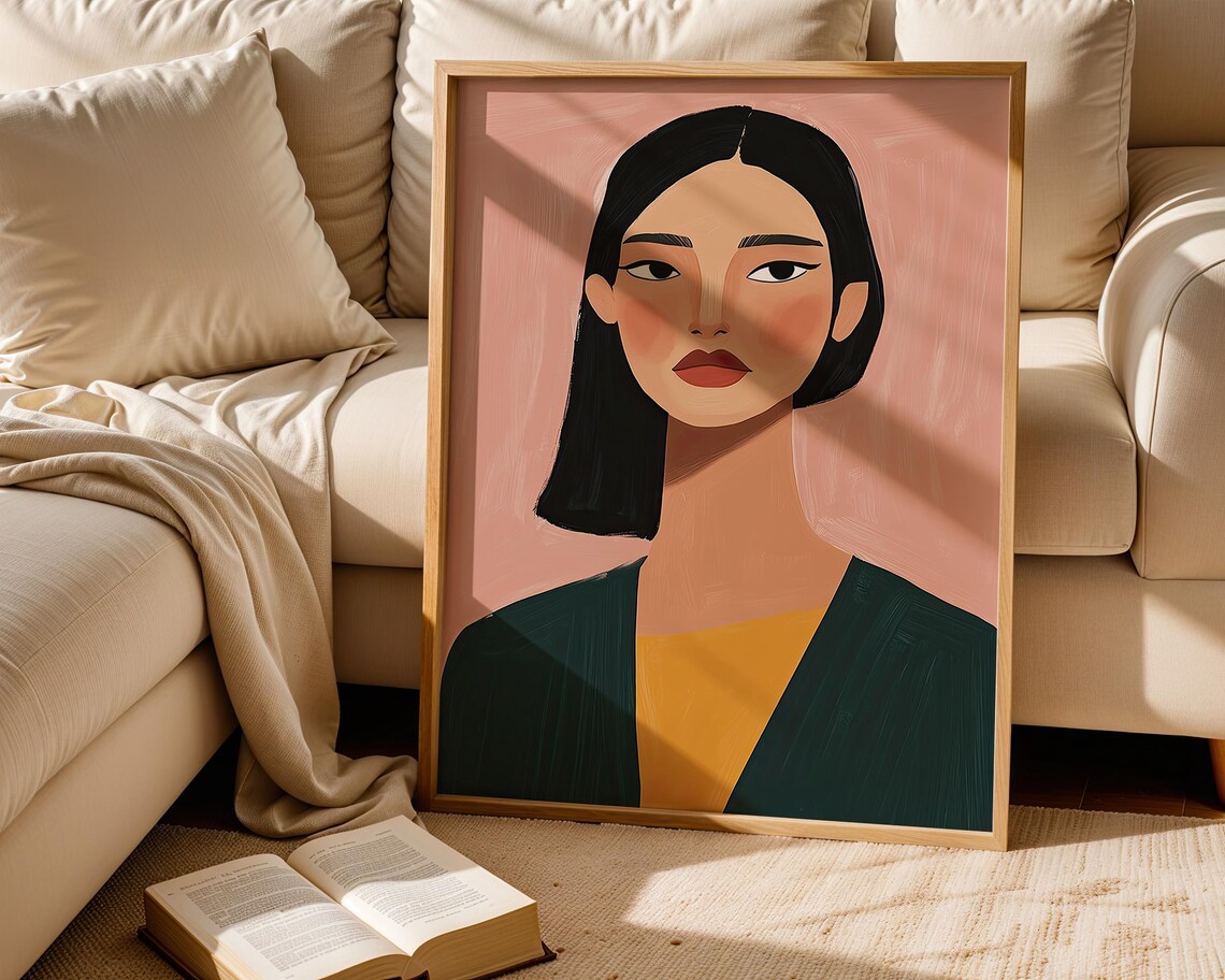 Modern Woman Portrait Pink Background Green Cardigan Bold Flat Illustration Art Poster - Image 4